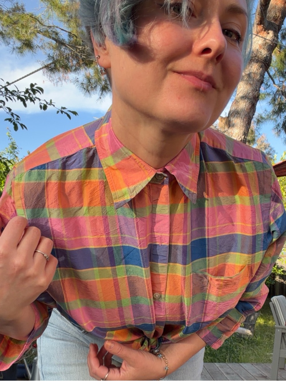 Jones New York Signature 100% Silk Plaid Shirt Size L